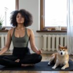 A Girl Doing Yoga with a dog sitting beside featured image for article on the 12 Benefits of Yoga to Boost Energy Levels and Mental Well-being on healthy and better living